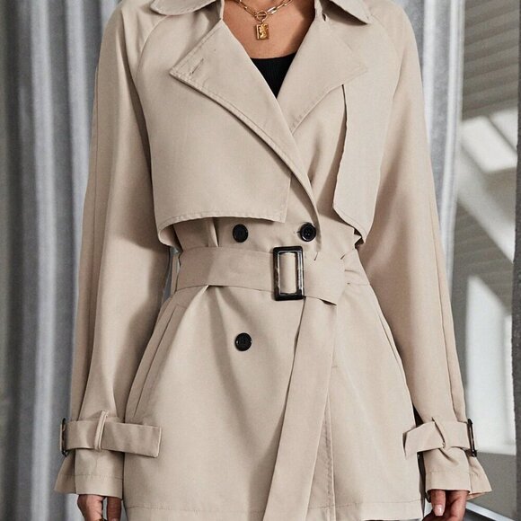 Khaki Casual Women's Raglan Sleeve Double Breasted Belted Trench Coat - Picture 6 of 6